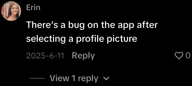 TikTok comment reporting a bug in The Room app